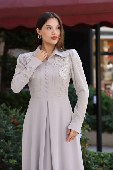 Gömlek Yaka Dantel İşleme ve Kaplamalı Kemerli Abiye Elbise 2764-Taş - 4