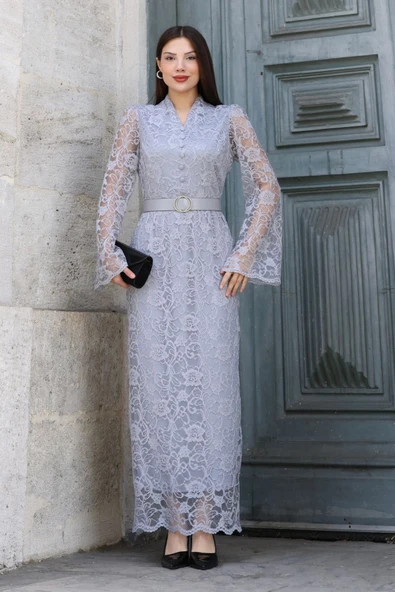 Hakim Yaka Kemerli Dantel Maxi Abiye Elbise 6032-Gri - Resim 5
