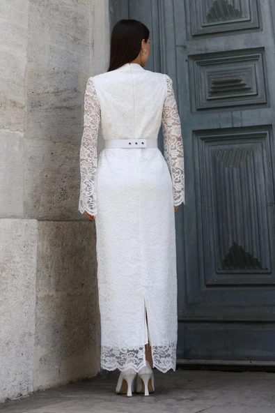 Hakim Yaka Kemerli Dantel Maxi Abiye Elbise 6032-Beyaz - Resim 6