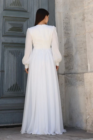 Bel Detaylı Kruvaze Yaka Abiye Elbise 2763-Beyaz - Resim 7
