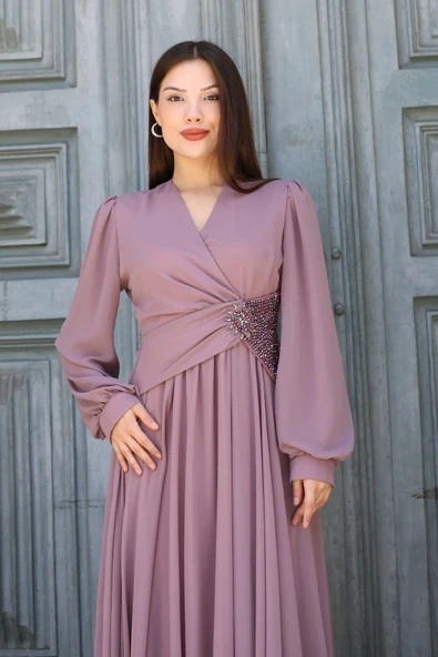 Bel Detaylı Kruvaze Yaka Abiye Elbise 2763-Gül Kurusu - Resim 6