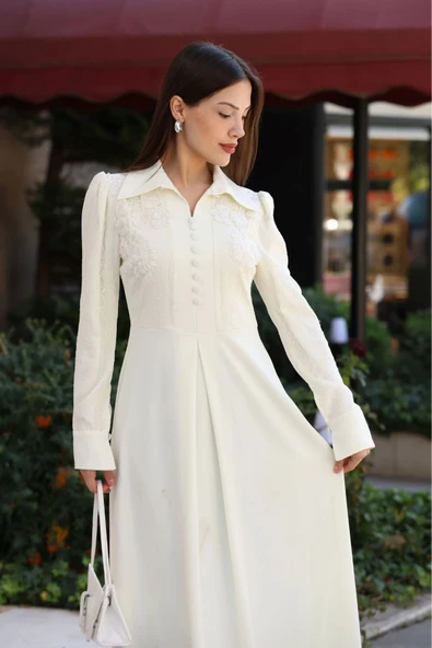 Gömlek Yaka Dantel İşleme ve Kaplamalı Kemerli Abiye Elbise 2764-Ekru - 5