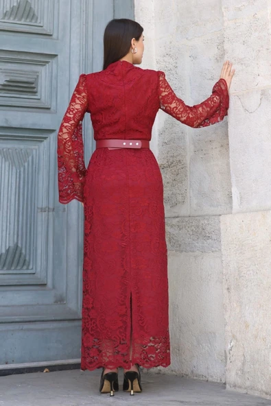 Hakim Yaka Kemerli Dantel Maxi Abiye Elbise 6032-Bordo - Resim 7