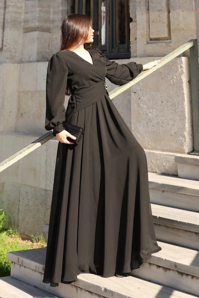 Bel Detaylı Kruvaze Yaka Abiye Elbise 2763-Siyah - Resim 2