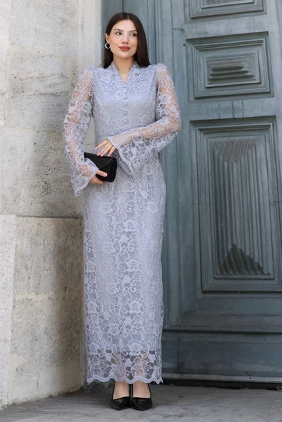 Hakim Yaka Kemerli Dantel Maxi Abiye Elbise 6032-Gri - Resim 2
