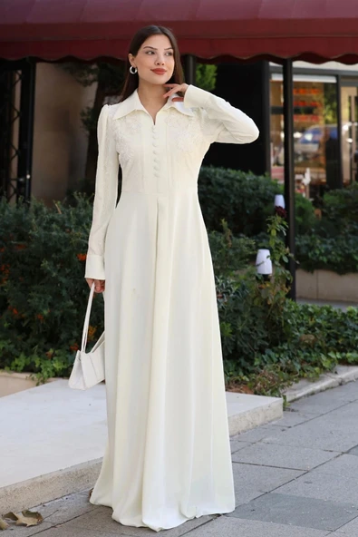 Gömlek Yaka Dantel İşleme ve Kaplamalı Kemerli Abiye Elbise 2764-Ekru