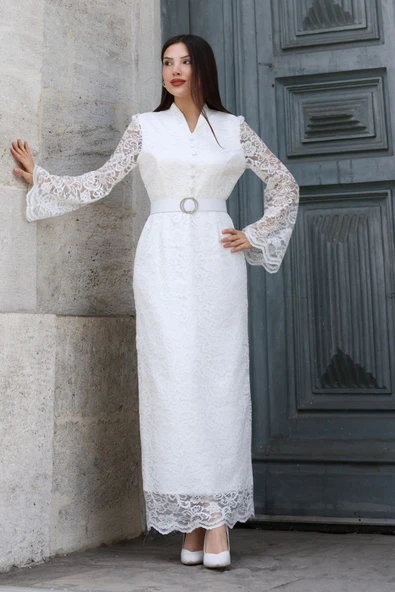 Hakim Yaka Kemerli Dantel Maxi Abiye Elbise 6032-Beyaz - Resim 2
