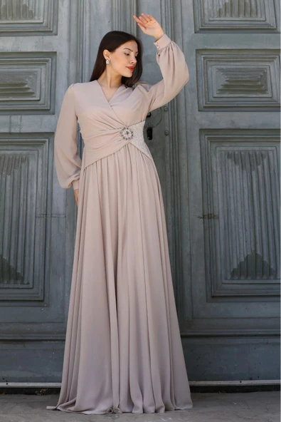 Bel Detaylı Kruvaze Yaka Abiye Elbise 2763-Bej ürün görseli