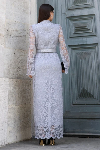Hakim Yaka Kemerli Dantel Maxi Abiye Elbise 6032-Gri - Resim 7
