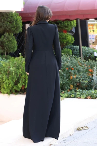 Gömlek Yaka Dantel İşleme ve Kaplamalı Kemerli Abiye Elbise 2764-Siyah - 6