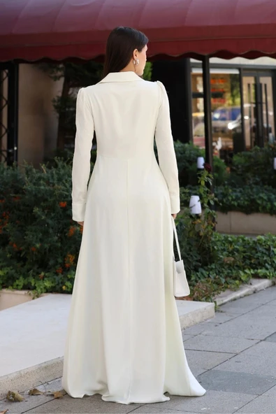 Gömlek Yaka Dantel İşleme ve Kaplamalı Kemerli Abiye Elbise 2764-Ekru - 6