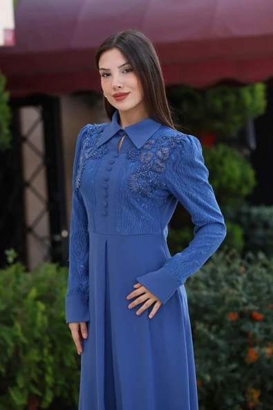 Gömlek Yaka Dantel İşleme ve Kaplamalı Kemerli Abiye Elbise 2764-İndigo - 3