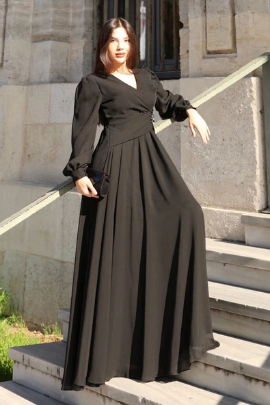 Bel Detaylı Kruvaze Yaka Abiye Elbise 2763-Siyah - Resim 3