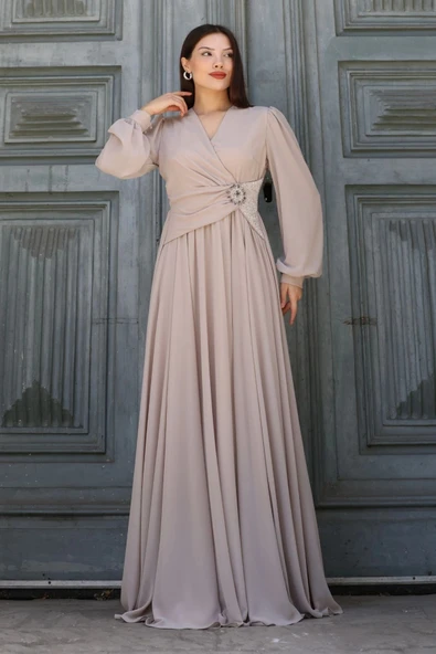 Bel Detaylı Kruvaze Yaka Abiye Elbise 2763-Bej - Resim 6