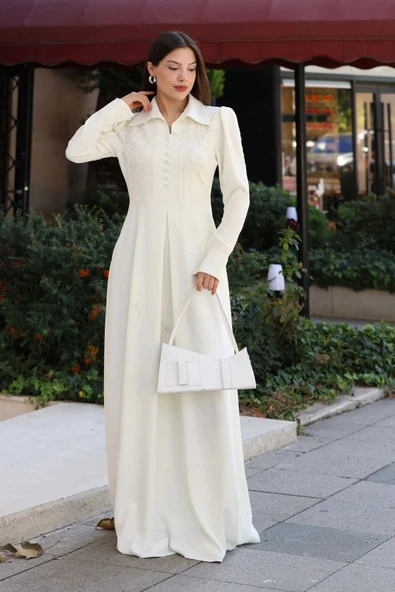 Gömlek Yaka Dantel İşleme ve Kaplamalı Kemerli Abiye Elbise 2764-Ekru - 3