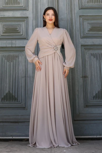 Bel Detaylı Kruvaze Yaka Abiye Elbise 2763-Bej - Resim 5