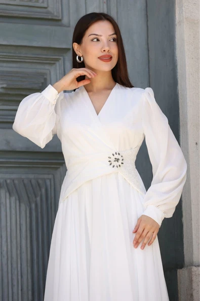 Bel Detaylı Kruvaze Yaka Abiye Elbise 2763-Beyaz - Resim 6