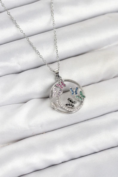 pilelistore 316L Çelik Zincir Gümüş Renk Zirkon Taşlı Kelebekli Kadın Kolye - TJ-BKO10608