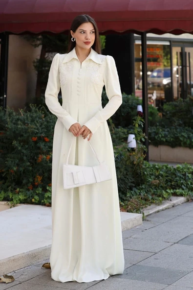 Gömlek Yaka Dantel İşleme ve Kaplamalı Kemerli Abiye Elbise 2764-Ekru - 4