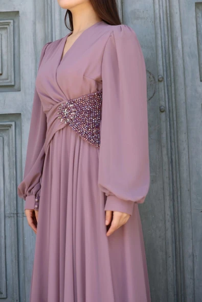 Bel Detaylı Kruvaze Yaka Abiye Elbise 2763-Gül Kurusu - Resim 7