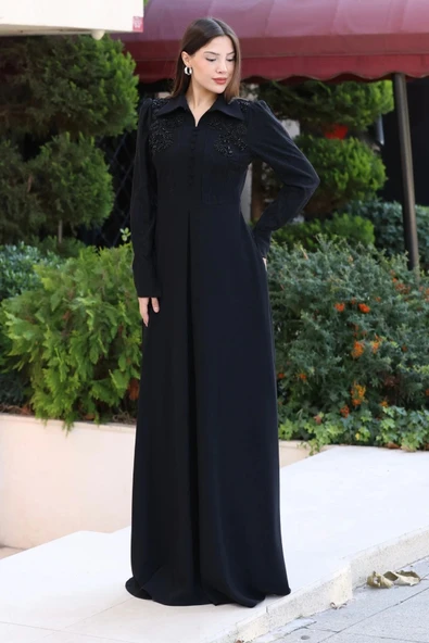 Gömlek Yaka Dantel İşleme ve Kaplamalı Kemerli Abiye Elbise 2764-Siyah - 3