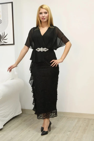 Kruvaze Yaka Şifon Dantel Kombinli Taş ve Fırfırlı Abiye Elbise 6051-Siyah ürün görseli
