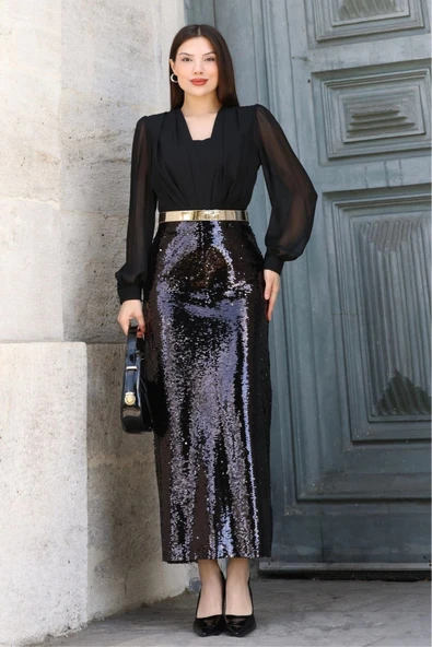 Şifon Kombinli Payetli Abiye Elbise 6048-Siyah - Resim 4