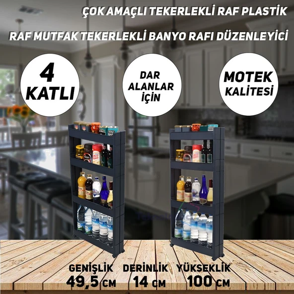 Technow Motek SR-04 Tekerlekli Plastik,Mutfak,Banyo Rafı 4 Katlı Organizer  Antrasit ürün görseli