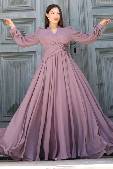 Bel Detaylı Kruvaze Yaka Abiye Elbise 2763-Gül Kurusu - Resim 4