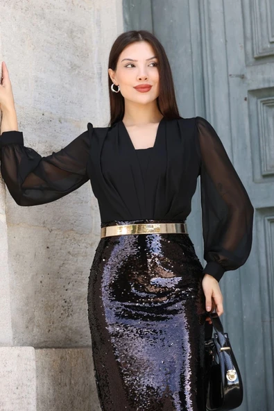 Şifon Kombinli Payetli Abiye Elbise 6048-Siyah - Resim 5