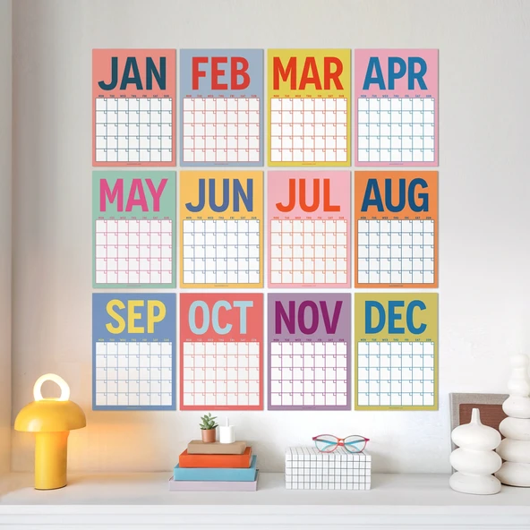 Zamansız Aylık Planlayıcı Dev Takvim, Sürekli Takvim, 12 Ay Tarihsiz Takvim, 33 x 48 cm, A4, Pastel Parlak Retro Renkler ürün görseli 1
