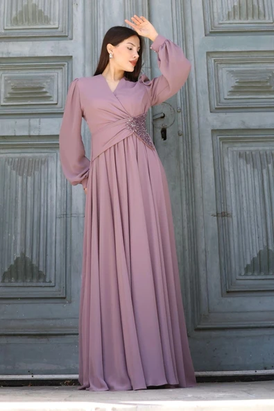 Bel Detaylı Kruvaze Yaka Abiye Elbise 2763-Gül Kurusu ürün görseli