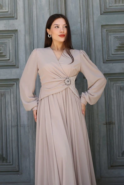 Bel Detaylı Kruvaze Yaka Abiye Elbise 2763-Bej - Resim 4