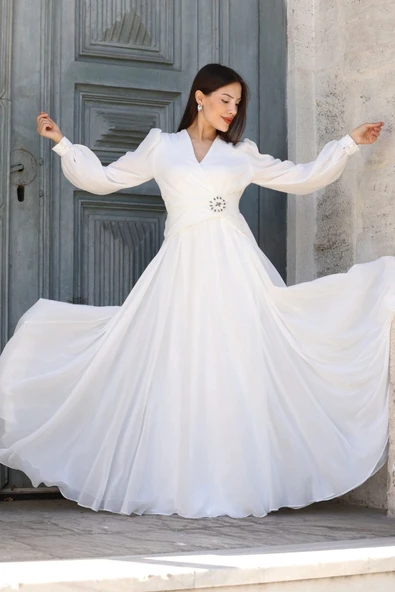 Bel Detaylı Kruvaze Yaka Abiye Elbise 2763-Beyaz - Resim 5