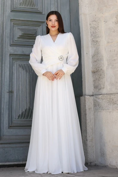 Bel Detaylı Kruvaze Yaka Abiye Elbise 2763-Beyaz - Resim 4