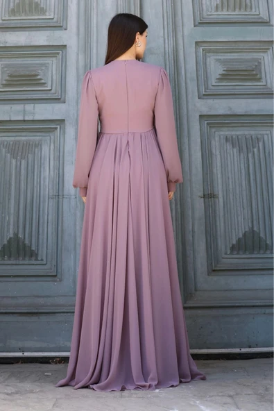 Bel Detaylı Kruvaze Yaka Abiye Elbise 2763-Gül Kurusu - Resim 8