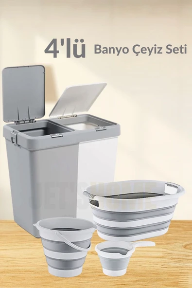 4'lü Banyo Seti BPA Free 80 Litre Çamaşır Sepeti Katlanır Sele-Su Kovası ve Maşrapa
