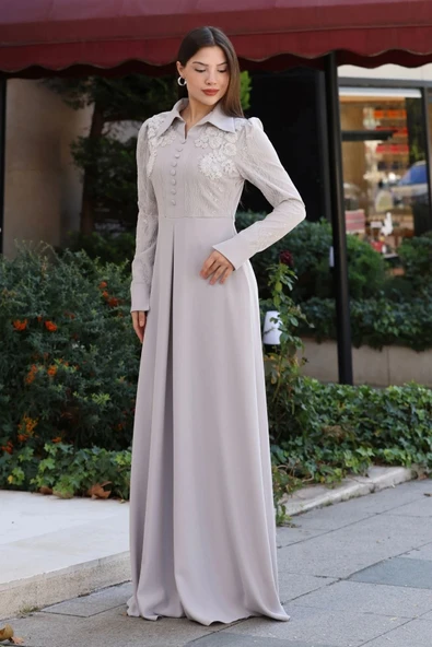 Gömlek Yaka Dantel İşleme ve Kaplamalı Kemerli Abiye Elbise 2764-Taş - 2