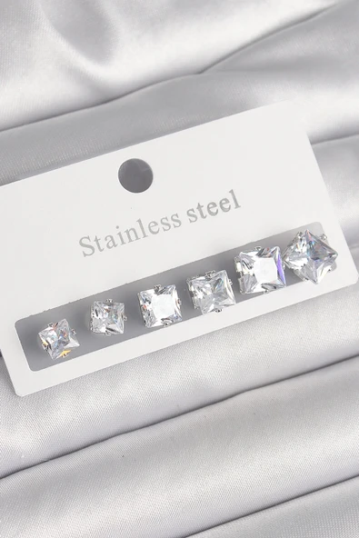 pilelistore 316L Çelik Gümüş Renk Kare Zirkon Taşlı Kadın Küpe Seti - TJ-BKP10303 ürün görseli 1