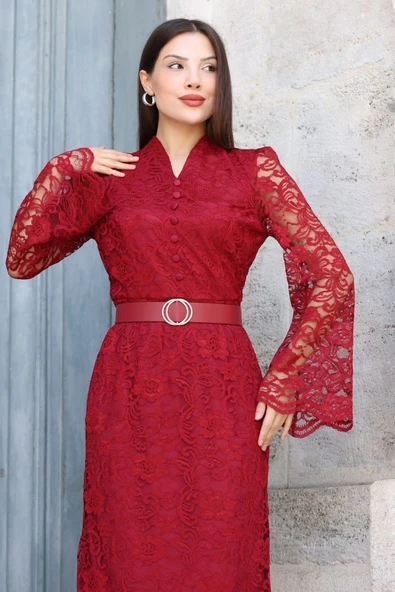 Hakim Yaka Kemerli Dantel Maxi Abiye Elbise 6032-Bordo - Resim 6
