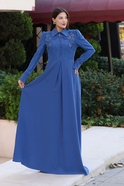 Gömlek Yaka Dantel İşleme ve Kaplamalı Kemerli Abiye Elbise 2764-İndigo - 4