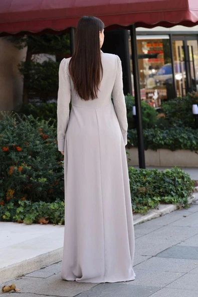 Gömlek Yaka Dantel İşleme ve Kaplamalı Kemerli Abiye Elbise 2764-Taş - 6