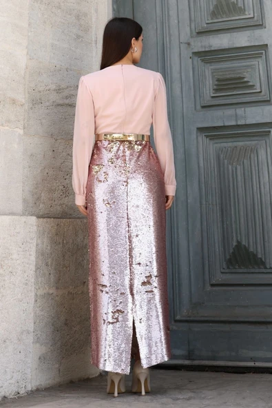 Şifon Kombinli Payetli Abiye Elbise 6048-Pudra - Resim 7