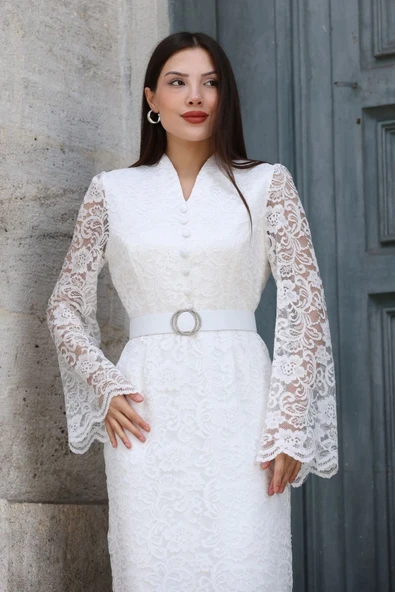 Hakim Yaka Kemerli Dantel Maxi Abiye Elbise 6032-Beyaz - Resim 3