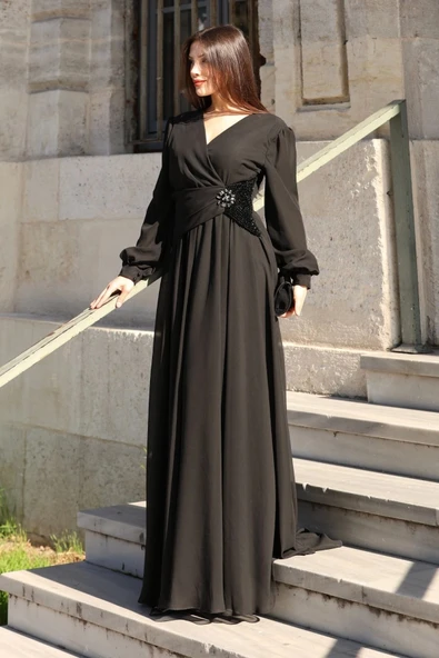 Bel Detaylı Kruvaze Yaka Abiye Elbise 2763-Siyah - Resim 4