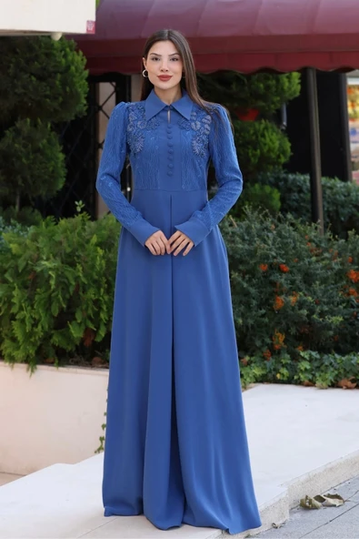 Gömlek Yaka Dantel İşleme ve Kaplamalı Kemerli Abiye Elbise 2764-İndigo - 2