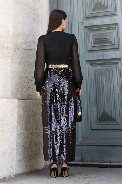 Şifon Kombinli Payetli Abiye Elbise 6048-Siyah - Resim 6