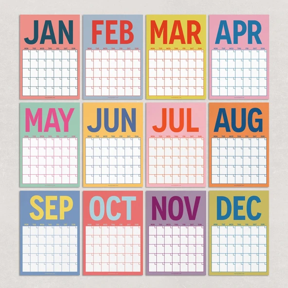 Zamansız Aylık Planlayıcı Dev Takvim, Sürekli Takvim, 12 Ay Tarihsiz Takvim, 33 x 48 cm, A4, Pastel Parlak Retro Renkler - Resim 8