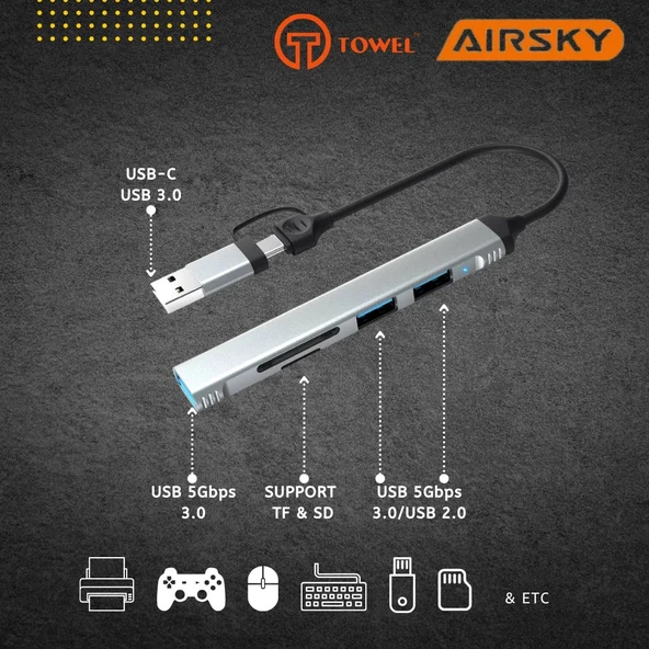 Technow USB 3.0/USB 2.0/SD/TF Girişli 5 in 1 Tip-C Çevirici Adaptörü - Resim 2