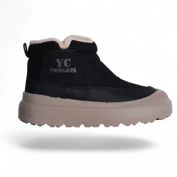 Twincers 2028 Siyah-Bej Kadın Kışlık Düz Bot Ayakkabı - Resim 2